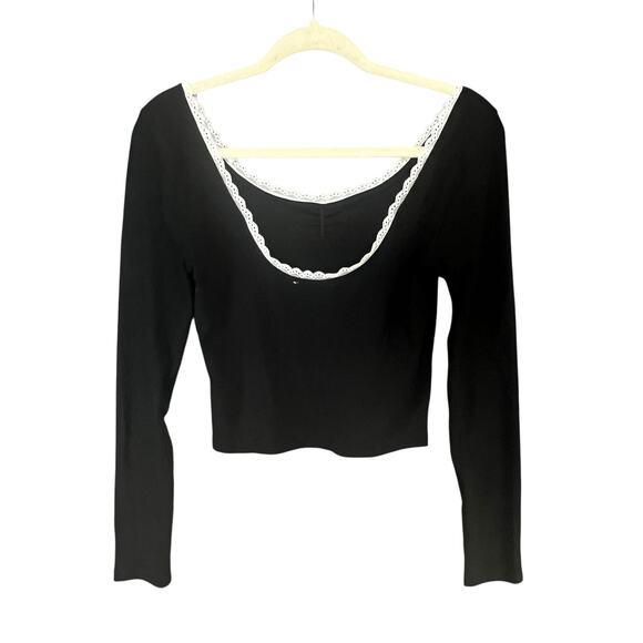 Pretty Garbage Top Womens M Black Ribbed Knit Scoop Neck Dainty Lace Feminine - Picture 7 of 15
